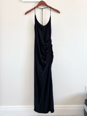 Reformation Maci Knit Dress Black Size S Ruched Midi Side Slit